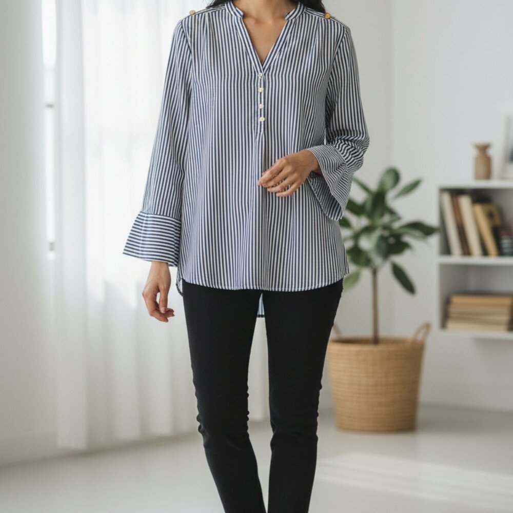 Zara Basic Womens Striped Long Sleeve Blouse With V-Neck & Gold Stud Accents Siz